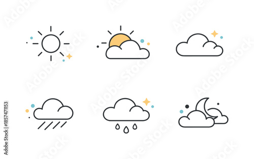 Minimalist Weather Icons. Minimal weather symbols. Abstract sun circles, cloud outlines, and small dots suggesting atmosphere. Decorative yet functional icon