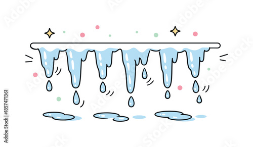 Melting Icicles. Melting icicles editorial illustration. Simple row of soft-shaped icicles with visible drips and subtle motion accents, expressing end of
