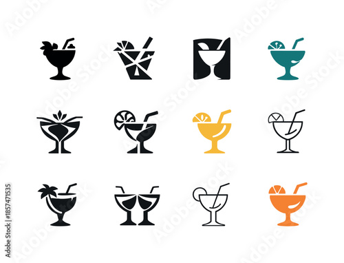 Cocktail Logo Variations. Cocktail specials. Icon set. Set Logo of cocktail specials: signature mix emblem. harmonious logo variations of the same emblematic
