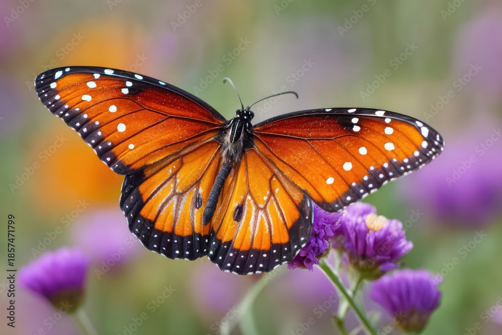 Fototapeta premium Vibrant monarch butterfly displaying orange wings over purple flowers