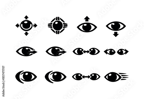 Eye Movement Icon Set. Eye muscles movement. Solid icon set of Eye muscles movement: eyeball rotation arrows, eye muscles, upward gaze, downward gaze, left
