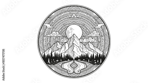 Detailed Silver Coin with Mountain Landscape Design.