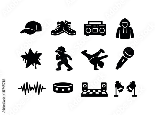 Kids Hip-Hop Icons. Kids hip-hop dance. Solid icon set of kids hip-hop dance: cap, sneakers, boom box, hoodie, graffiti star, pose silhouette, breakdance spin