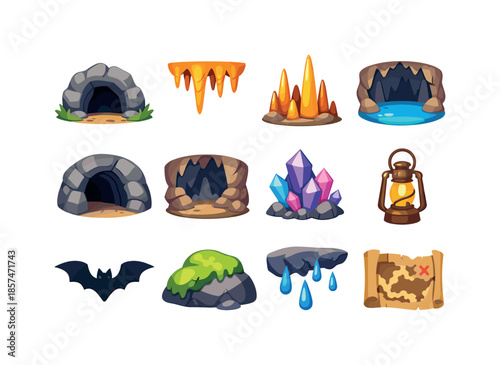 Colorful Cave Icons. Caves and caverns. Colorful flat vector icons set of caves and caverns: cave entrance, stalactites, stalagmites, underground lake, rock