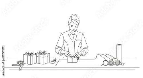 Female employee wrapping gifts at counter with wrapping paper rolls  