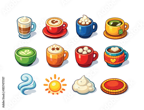 Isometric Warm Drinks Icons. Warm drinks. Colorful isometric vector icons set of warm drinks: latte, cappuccino, hot chocolate, herbal tea, matcha, chai latte,