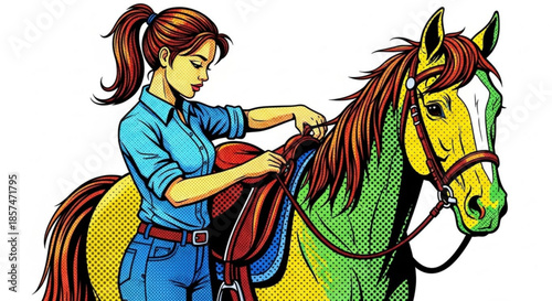 Young woman adjusting saddle on horse in colorful comic style  