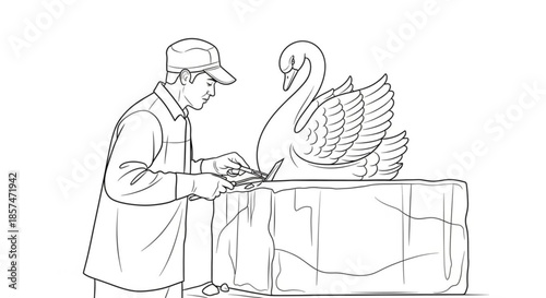 Ice sculptor creating detailed swan figure from block of ice  