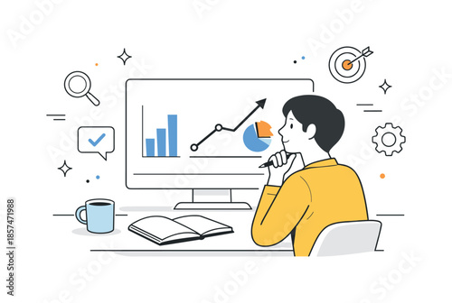 Data-Driven Analysis. Data-driven growth. A person analyzing charts and upward trends on a screen. Calm concentration and confidence, minimal graphs and