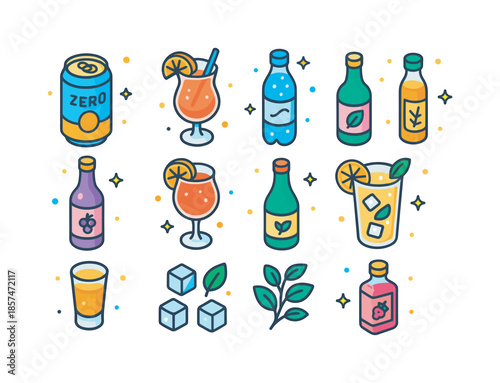Zero-Proof Drinks Icons. Zero-Proof Drinks. Colorful isometric vector icons set of Zero-Proof Drinks: non-alcoholic beer can, mocktail glass, sparkling water