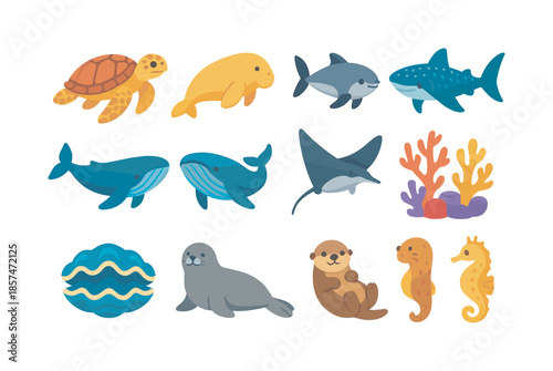 Endangered Marine Icons. Endangered marine species. Colorful flat vector icons set of endangered marine species: hawksbill turtle, dugong, vaquita, whale