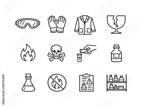 Lab Safety Icons. Lab Safety with Glassware. Line icon set of Lab Safety with Glassware: safety goggles, gloves, lab coat, broken glass symbol, heat warning,