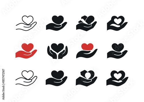 Romance Emblem Icons. Positive reinforcement in romantic relationships. Icon set. Set Logo of Positive reinforcement in romantic relationships: caring hand