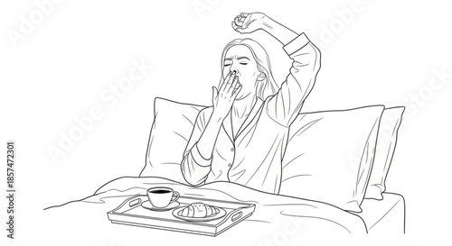 Woman yawning in bed while stretching and having breakfast  