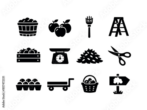 Harvest Icons Collection. Harvest time. Solid icon set of harvest time: bushel basket, ripe apples, picking tool, ladder icon, crate of fruit, weighing scale,