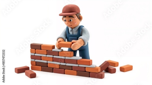 Male worker building a brick wall with colorful bricks  