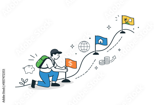 Planning Financial Milestones. Long-term financial goals. A character placing milestone flags along a rising path. Sense of planning ahead and steady progress,