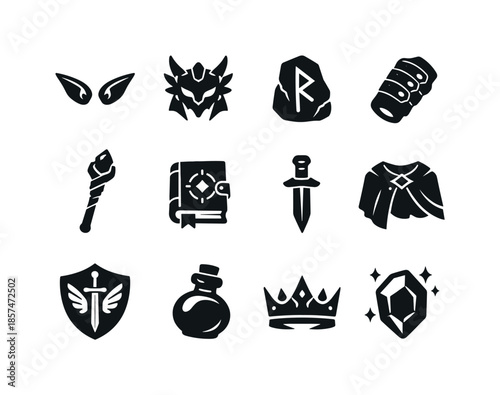 Fantasy Costume Icons. Fantasy costumes. Solid icon set of fantasy costumes: elf ears, dragon helmet, runestone, leather bracer, mage staff, spellbook, dagger,