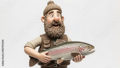 Bearded fisherman happily holding a rainbow trout in a playful style  
