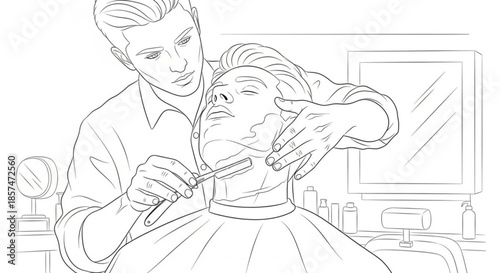 Barber shaving man with razor in vintage barber shop setting  