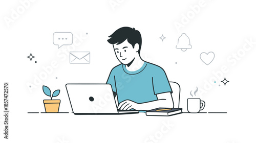 Focused Minimalist Workspace. Focus and deep work. Person working at a desk with a laptop while notifications fade away. Quiet concentration and reduced