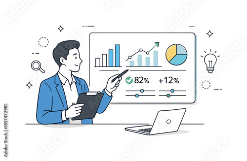 Data-Driven Analysis. Data-driven recommendations. A consultant analyzing charts and metrics on a screen. Analytical focus and confidence, minimal graphs and