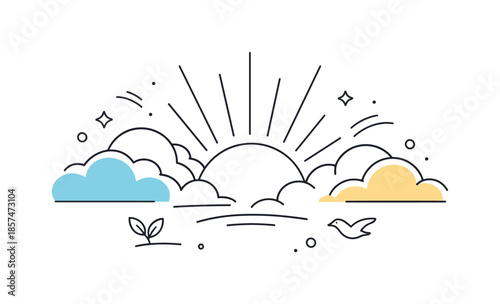 Sunlit Clouds Illustration. Breaking clouds sunlight scene. Gentle clouds parting as sun rays spread outward, conveying calm energy and renewal. Soft abstract