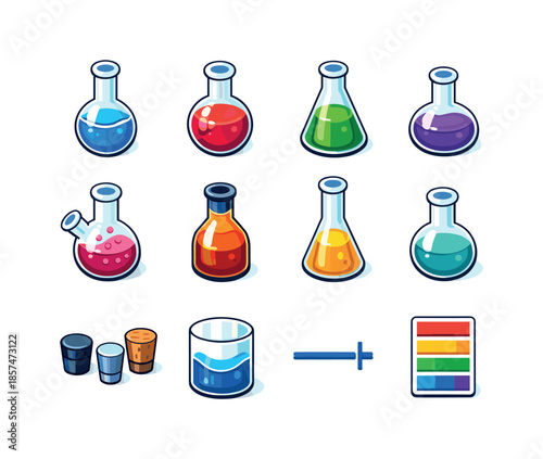 Colorful Laboratory Flask Icons. Glass Laboratory Flasks. Colorful isometric vector icons set of Glass Laboratory Flasks: volumetric flask, round-bottom flask,