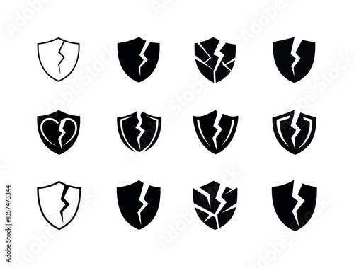Emotional Hurt Logos. Emotional hurt. Icon set. Set Logo of emotional hurt: cracked shield. harmonious logo variations of the same emblematic concept, each