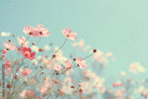 Delicate pink cosmos flowers against a soft blue sky springtime background