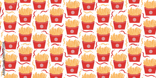 French fries seamless pattern with red boxes vector illustration. Fast food vector background featuring crispy potato fries