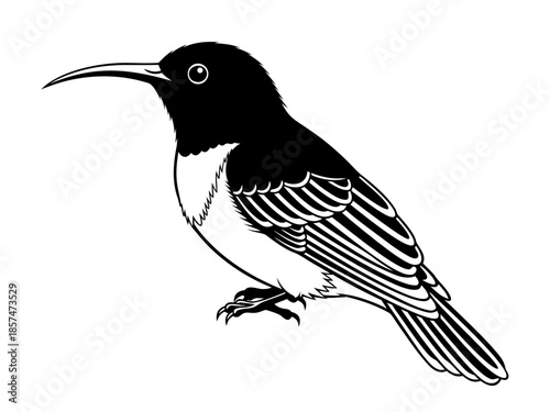 Vector illustration of a bird with detailed plumage and curved beak standing alone on a white background