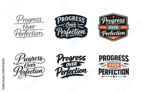 Diverse Lettering Styles. Progress Over Perfection Lettering. Set lettering. harmonious lettering variations of the same emblematic concept, each