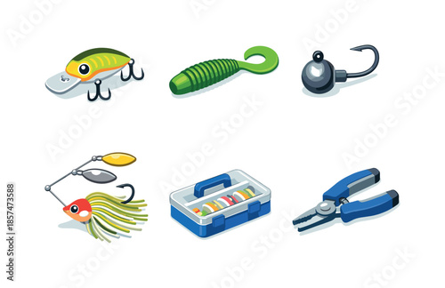 Isometric Fishing Lures. Lure Fishing. Isometric flat vector icons set of Lure Fishing: crankbait lure, soft plastic worm bait, jig head hook, spinnerbait