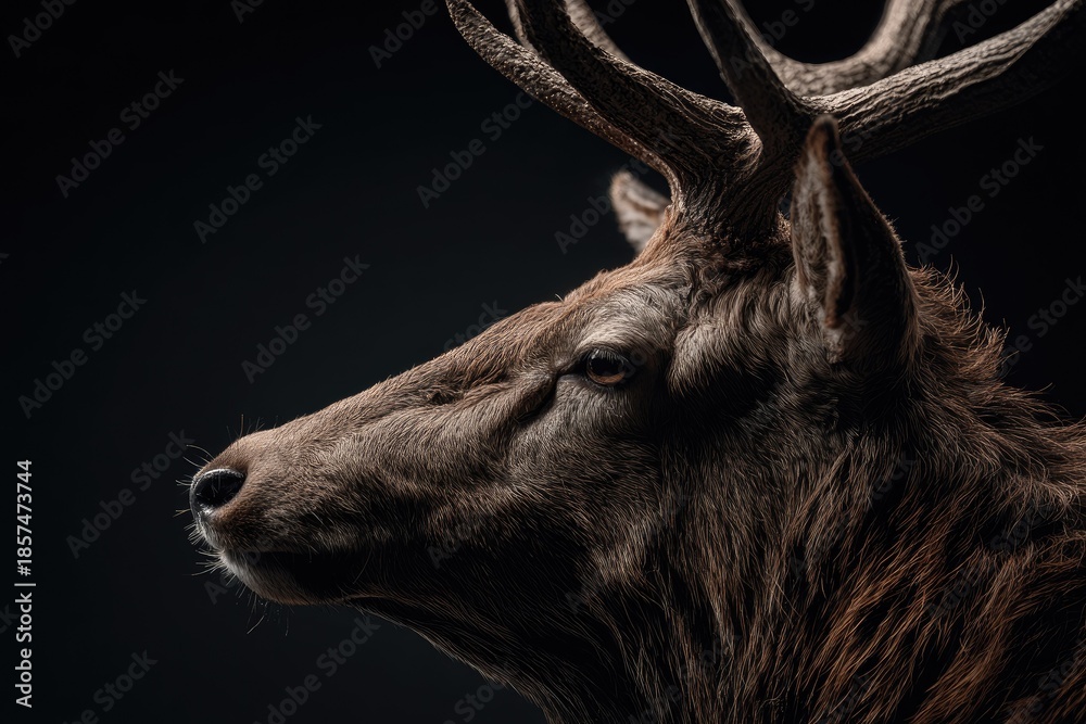 Fototapeta premium Majestic deer profile with antlers against dark background in dramatic lighting
