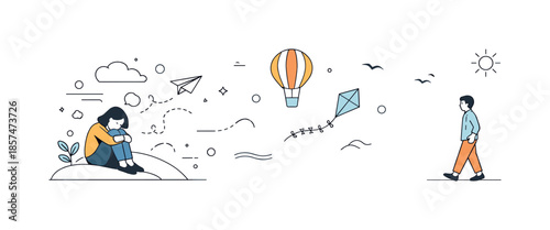 Airy Transition. Mood in transition. Abstract elements drifting from dense to open space, suggesting air becoming lighter and calmer. Gentle editorial scene