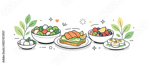 Fresh Spring Feast. Fresh spring food. A clean scene showing bowls of salad, fruit and light dishes arranged with abstract leaves and dots,