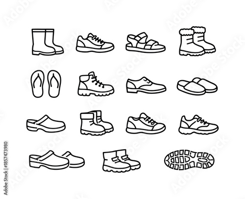 Clean Footwear Icons. Footwear icons. Line icon set of Footwear icons: rain boots, sneakers, sandals, winter boots, flip flops, hiking boots, dress shoes,