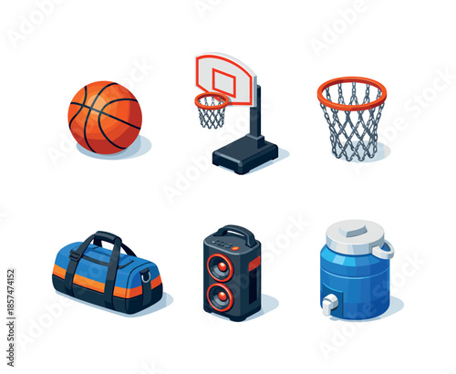 Street Basketball Essentials. Street Basketball Gear. Isometric flat vector icons set of street basketball gear: outdoor basketball, portable hoop, chain net,