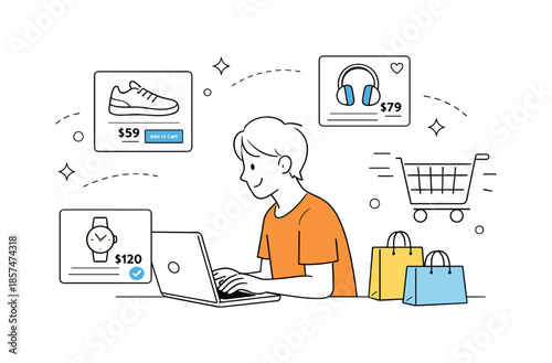Seamless Online Shopping. E-commerce shopping experience. A person browsing products on a laptop with floating product cards and a shopping cart icon nearby.