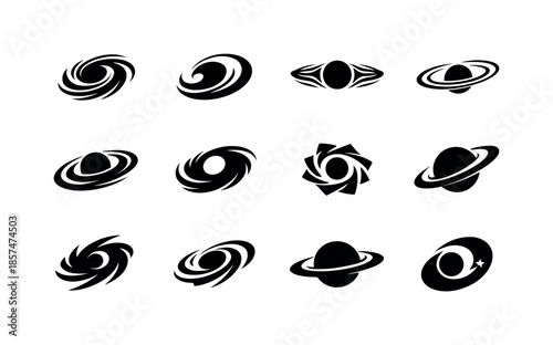 Celestial Logo Variations. Celestial bodies. Icon set. Set Logo of celestial bodies: black hole silhouette. harmonious logo variations of the same emblematic