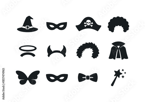 Costume Party Icons. Costume party outfit. Solid icon set of costume party outfit: witch hat, superhero mask, pirate hat, clown wig, angel halo, devil horns,
