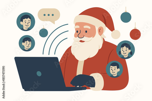 Santa Goes Digital. Santa reading digital wish lists. Kid icons float from the laptop; text bubbles drift like