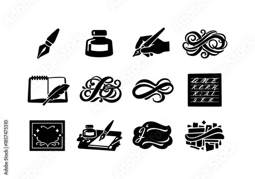 Calligraphy Icon Set. Creative Calligraphy Projects. Solid icon set of Creative Calligraphy Projects: calligraphy pen, ink bottle, hand lettering phrase,