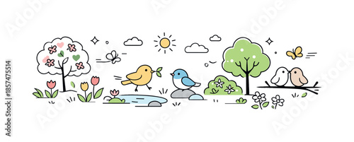 Spring Nature Banner. Spring mood header. A calm nature scene with trees, plants, and small birds arranged in a wide banner layout. Friendly and peaceful