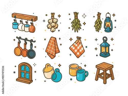 Rustic Kitchen Icon Set. Rustic farmhouse pot rack. Colorful isometric vector icons set of rustic farmhouse pot rack: wooden beam rack, black iron hooks,