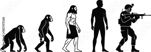 Evolution of man silhouette, primate to modern soldier with gun, human development stages, war concept, cad drawing flat vector illustration.