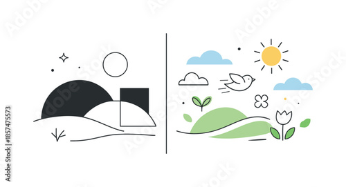 Seasonal Transition Art. Winter calm to spring energy. A soft abstract scene shifting from still, dense shapes to lighter, more dynamic forms. The mood moves