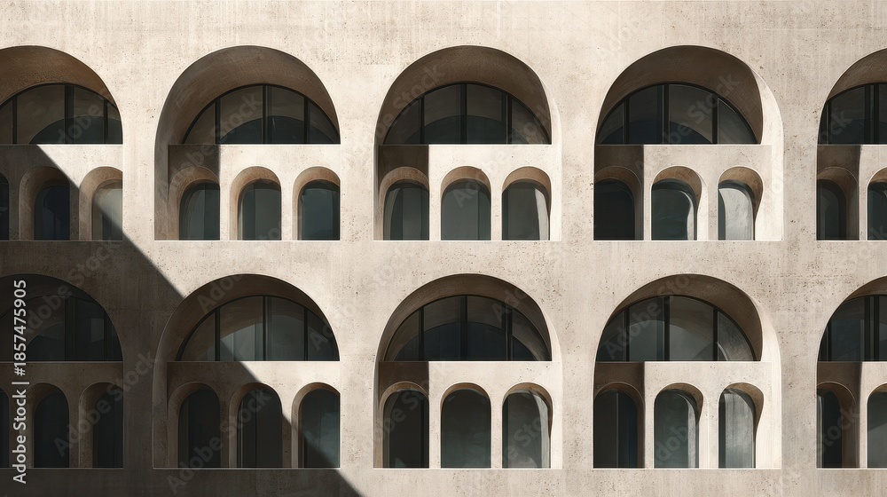 Obraz premium Repetitive arched windows on a minimalist building facade with shadows