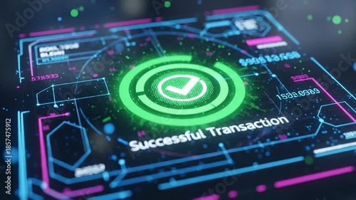 Digital successful transaction confirmed on futuristic screen with glowing checkmark